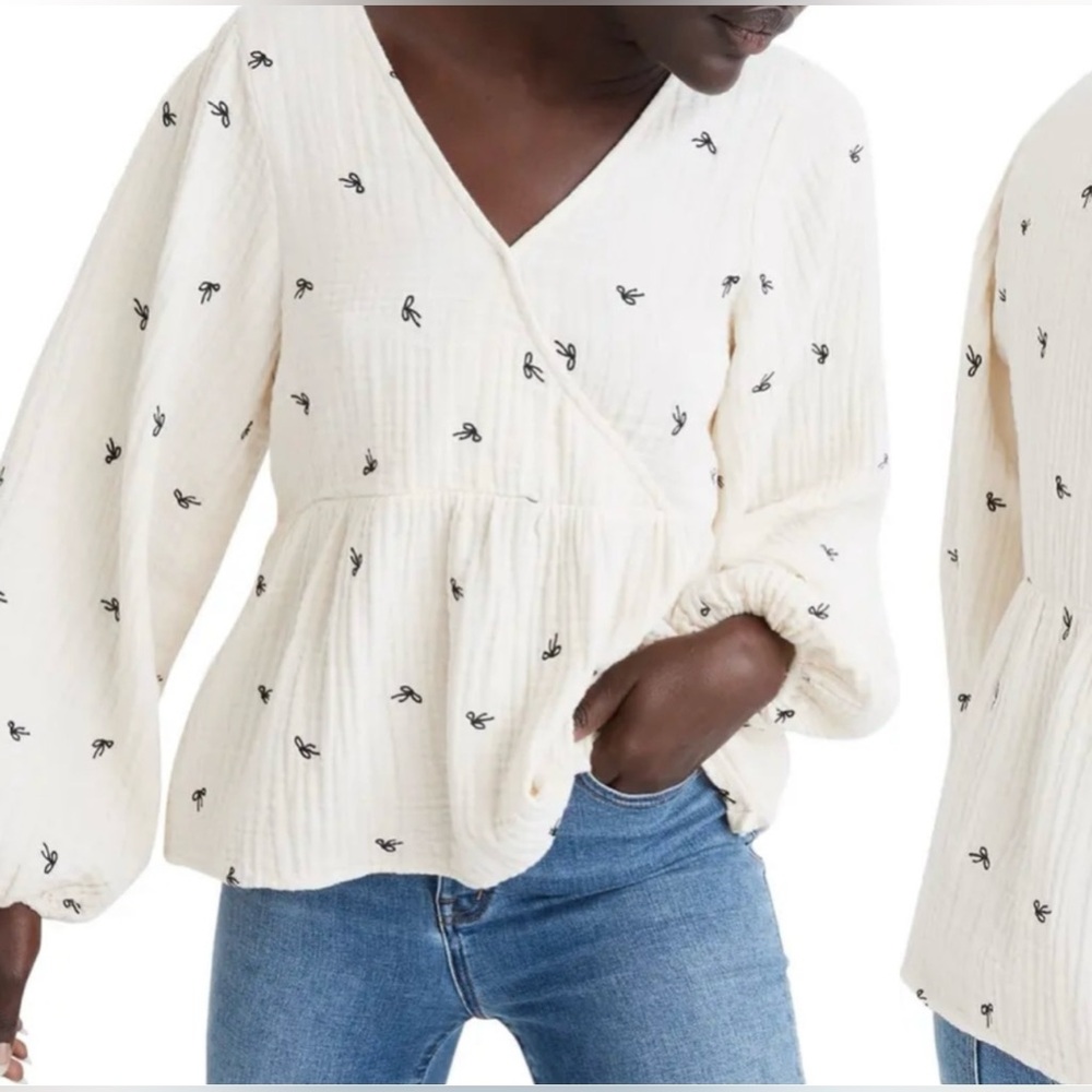 Madewell Tiny Bows Lightspun Peplum Faux Wrap Top In antique cream - XL